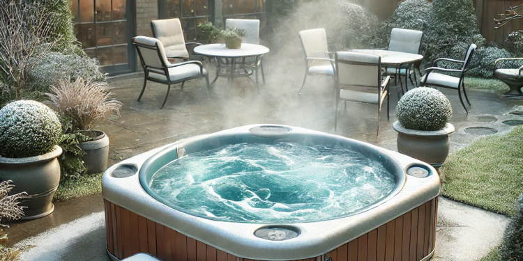 Whirlpool Outdoor winterfest: Ein dampfender Whirlpool steht in einem winterlichen Garten.
