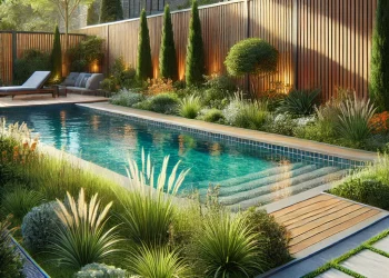 Pool im Garten: Gestaltungsideen mit Begrünung und Zaun.