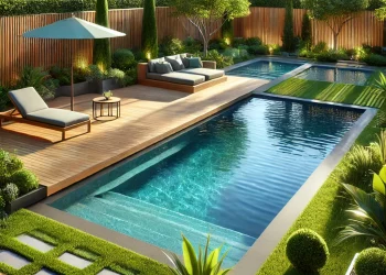 ein schöner großer Pool ist im Boden eingelassen.